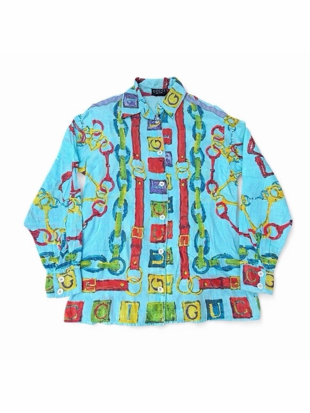 Gucci Horsebit Chain Spellout Print Cotton Shirt Lilac Trim Size 38